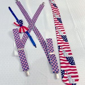 Men’s American Flag suspenders, bowtie, and Statue of Liberty tie.